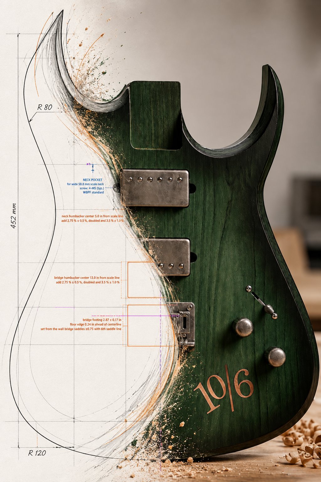 A guitar body, half drawn as a plan with dimensions, half finished in green with pickups and knobs