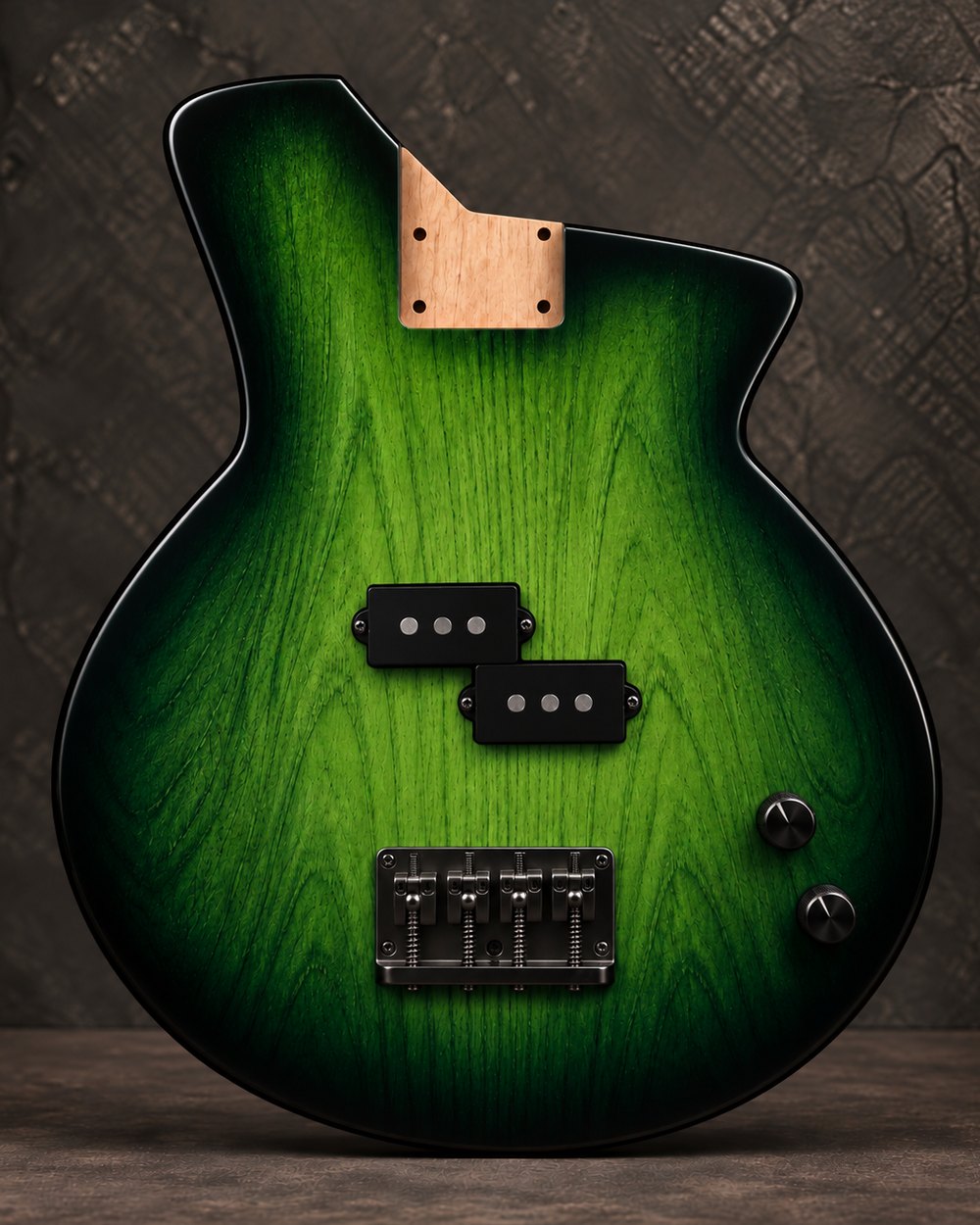 Bass, long scale body, finished, with pickups and controls fitted