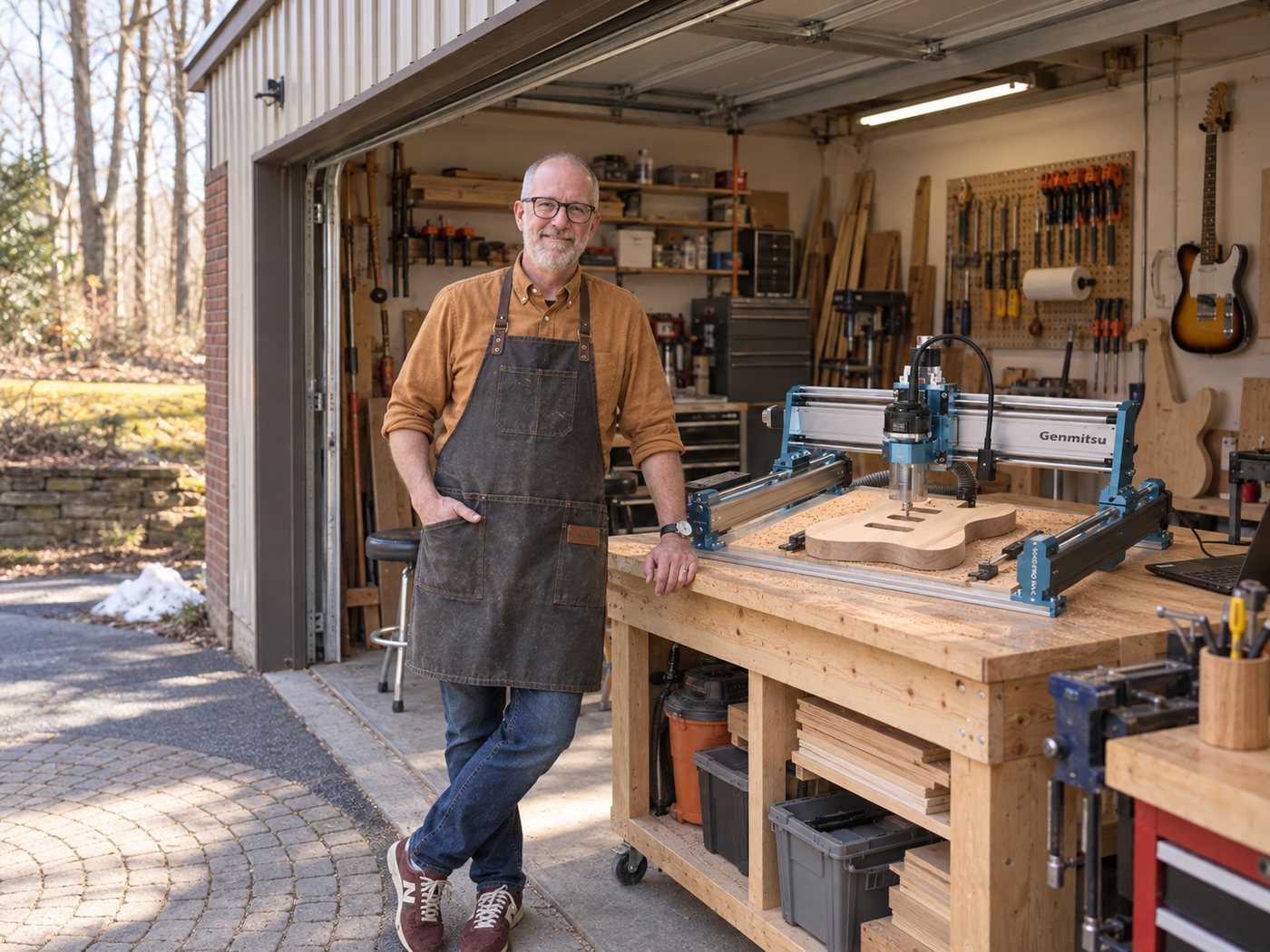 The shop: a CNC router cutting a body on a workbench inside an open garage